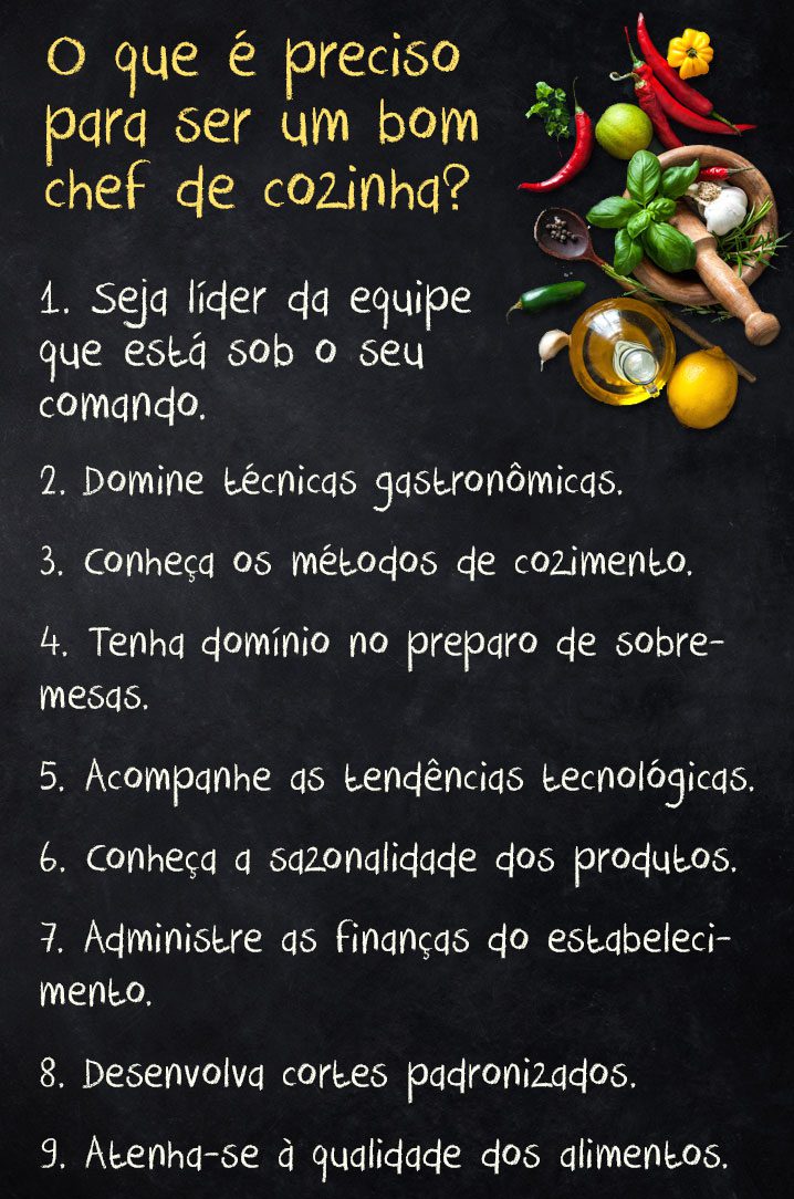 O que é preciso para ser um bom chef de cozinha? 1 Seja líder da equipe que está sob o seu comando. 2 Domine técnicas gastronômicas. 3 Conheça os métodos de cozimento. 4 Tenha domínio no preparo de sobremesas. 5 Acompanhe as tendências tecnológicas. 6 Conheça a sazonalidade dos produtos. 7 Administre as finanças do estabelecimento. 8 Desenvolva cortes padronizados. 9 Atenha-se à qualidade dos alimentos. Descrição da imagem: quadro negro escrito de giz com uma composição de condimentos no lado direito (pimenta, azeite, limão, alho).