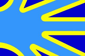 Bandeira da Comunidade Surda. Fundo da bandeira azul escuro, mão aberta posicionada horizontalmente de cor turquesa e contorno da mão amarelo.